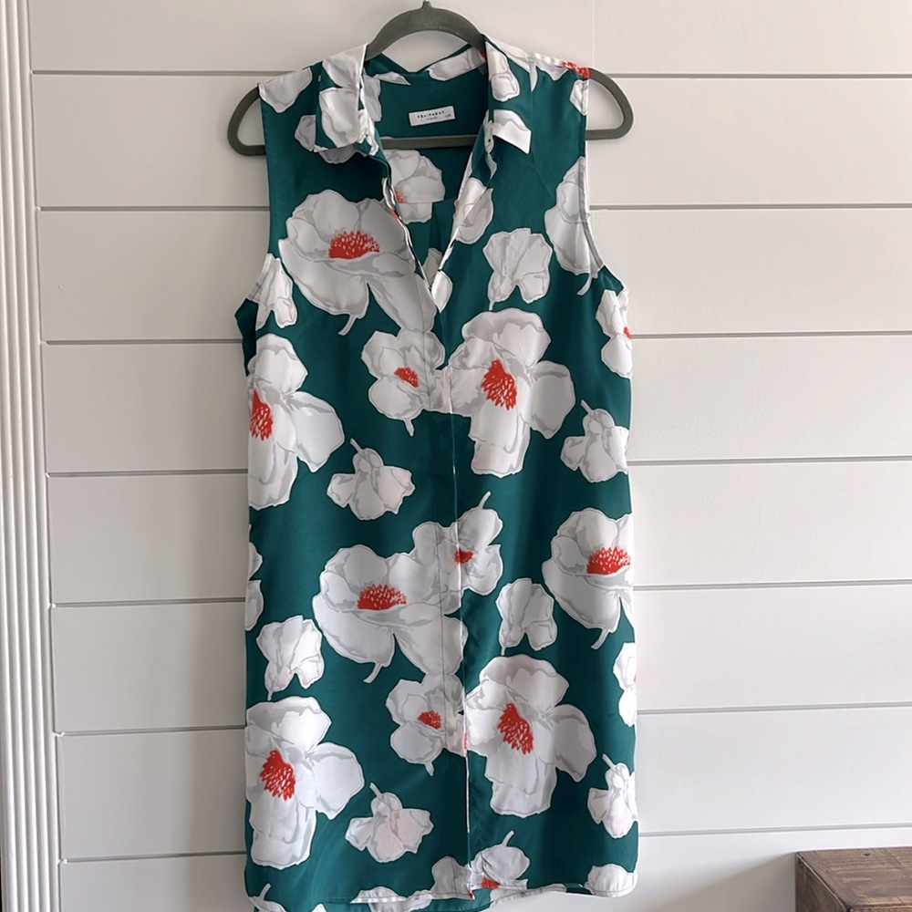 Equipment Teal Floral Sleeveless Shift Dress with White and Coral Blooms